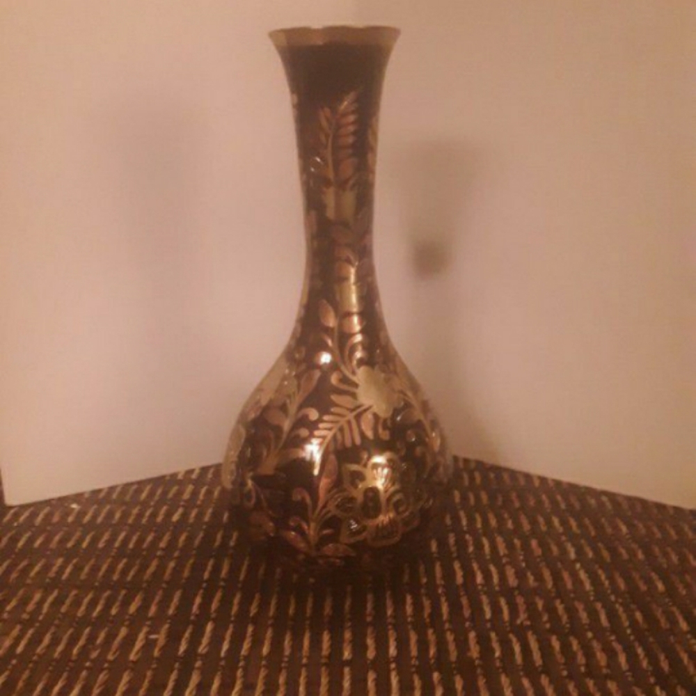 Vintage Etched enamel and brass vase